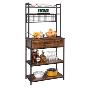 5-Tier Kitchen Bakers Rack with 10 S-Shaped Hooks and 1 drawer , Industrial Microwave Oven Stand, Free Standing Kitchen Utility Cart Storage Shelf Org