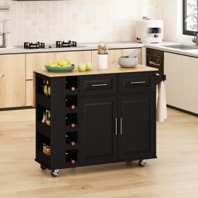 Multi-Functional Kitchen Island Cart with 2 Door Cabinet and Two Drawers,Spice Rack, Towel Holder, Wine Rack, and Foldable Rubberwood Table Top (Black