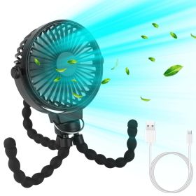 Portable Baby Stroller Fan Rechargeable Handheld Fan with Flexible Tripod Clip On Desktop Hanging Fan 3 Gear Speed with Tilt Head (Color: Black)